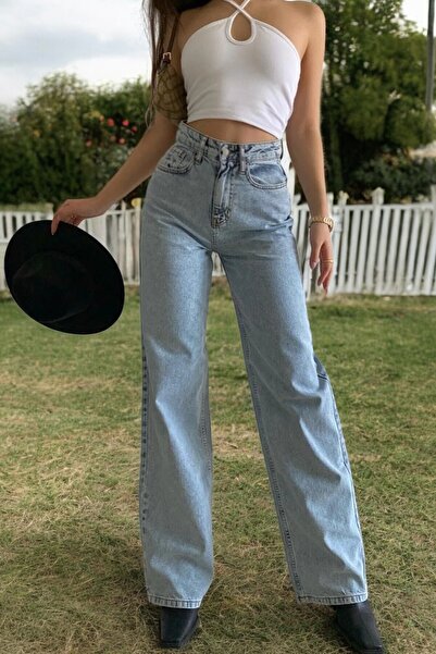 byhaziran butik Asil Women's Blue Wide Leg Denim Trousers