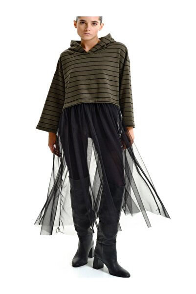 LUMİNA FASHİON Women's striped sweatshirt with tulle skirt effect detail, one size fits all