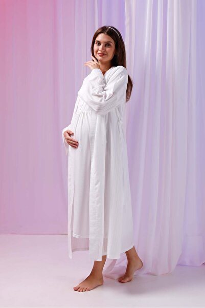 Lohussa Kadın Ekru Jakarlı Özel Tasarım Pamuklu Hamile Lohusa Sabahlık Gecelik Seti