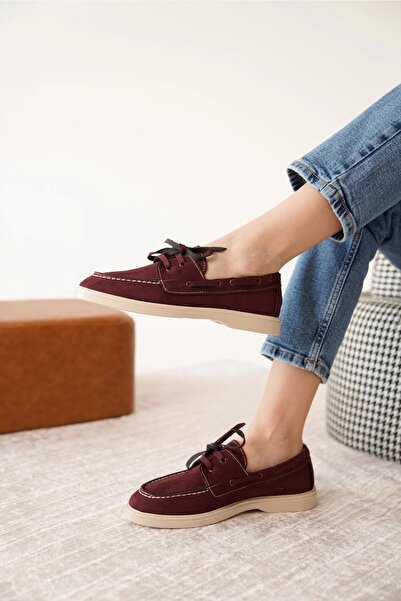 CAMOLLA Burgundy Suede Women's Flat Lace-Up Loafer Shoes