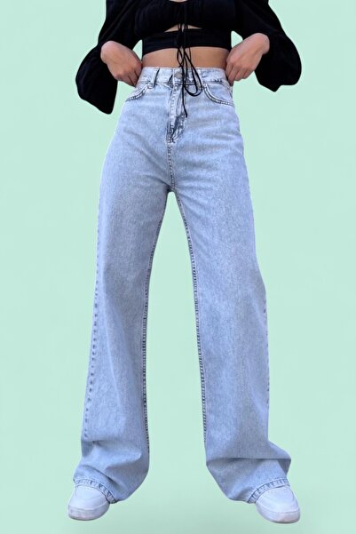 byhaziran butik بنطلون جينز نسائي واسع الساق باللون الأزرق الجليدي