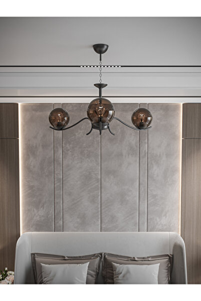 avizade Merla 3'Lü Siyah Kasa Bal Camlı Avize | Modern Salon Sarkıt Aydınlatma | Retro Işık Tasarımı