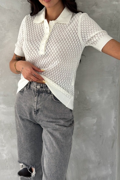 FEMELLE Ecru Polo Neck Openwork Knitwear Blouse - Short Sleeve Buttoned Standard Size