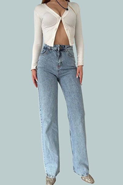 byhaziran butik بنطلون جينز أزرق عالي الخصر للنساء