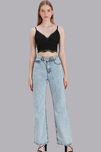 byhaziran butik Γυναικείο τζιν παντελόνι μεσαίου μπλε χρώματος Palazzo