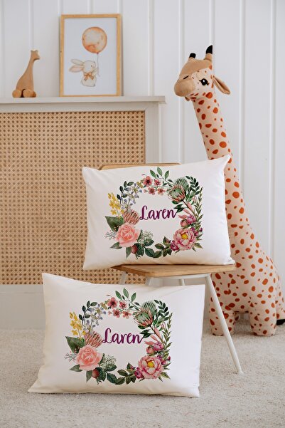 Lilabio %100 Pamuk İsme Özel 2li Ekru Bebek Yastık Kılıfı 35x45 cm-Çiçek Çemberi