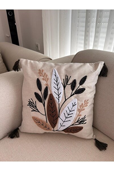STAR CİTY Decorative Throw Pillow with Natural Fabric Leaf Embroidery – Tasseled