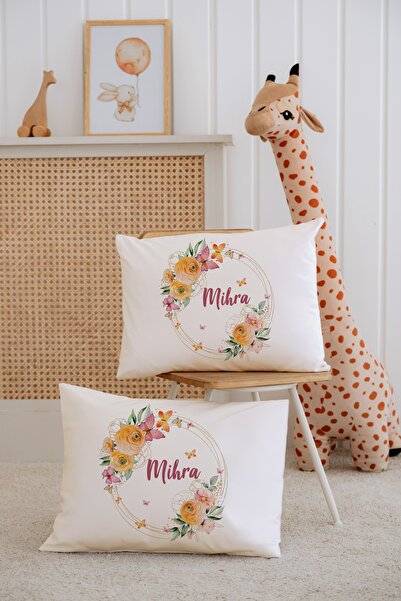 Lilabio %100 Pamuk İsme Özel 2li Ekru Bebek Yastık Kılıfı 35x45 cm-Çiçek Çemberi