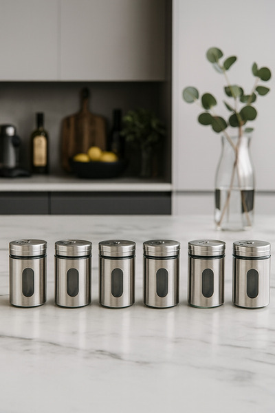 Defne Kitchen Tuzluk Karabiberlik Baharatlık 3 Kademe Delikli, Cam Metal Kapl...