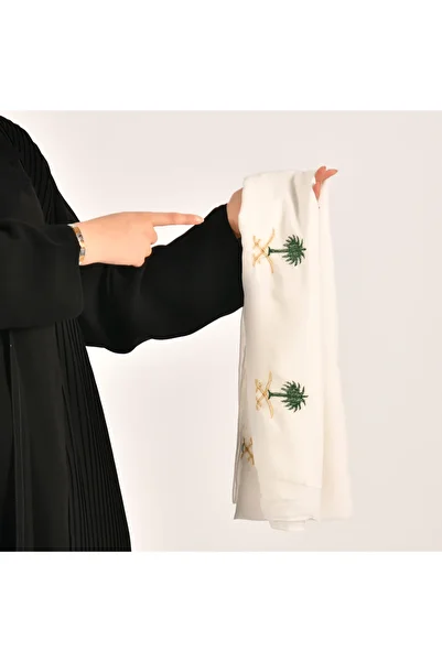 HAWRAA White silk veil with Saudi Arabia's two swords and palm tree embroidery