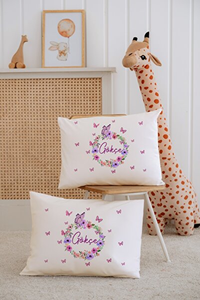 Lilabio %100 Pamuk İsme Özel 2li Ekru Bebek Yastık Kılıfı 35x45 cm-Çiçek Çemberi