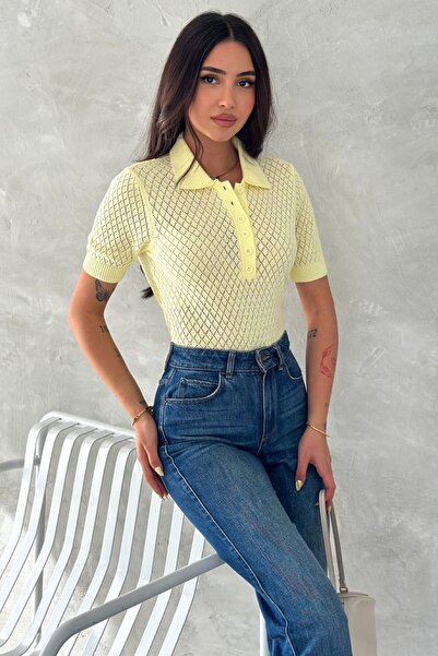 FEMELLE Yellow Polo Neck Openwork Knitwear Blouse - Short Sleeve Buttoned Standard Size