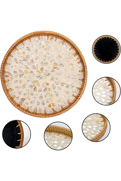 oceanpoint Mosaic Rattan Serving Tray, Cream Tone, Handmade Boho Presentation Tray, Coffee/Tea Serving, 40 cm