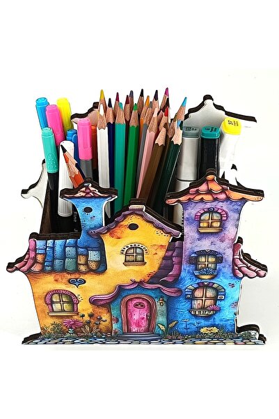 TuraLazerKesim Дървен цветен замък за бюро, кутия за моливи и органайзер