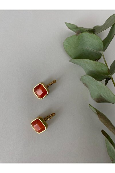 marsel aksesuar Orange Stone Square Gold Steel Earrings