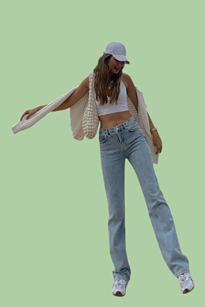 byhaziran butik بنطلون جينز نسائي باللون الأزرق الفاتح ذو قصة مريحة