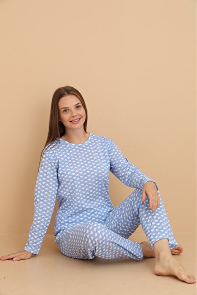 STELLAPİNK BEYAZ KALP DESENLİ UZUN KOL PAMUKLU PİJAMA TAKIMI - MAVİ