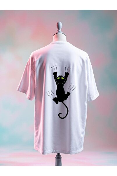 Vordevia تيشيرت أبيض كبير الحجم مطبوع عليه قطة