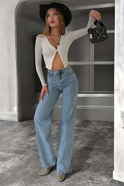 byhaziran butik بنطلون جينز أزرق واسع الساقين مع غسل ثلجي