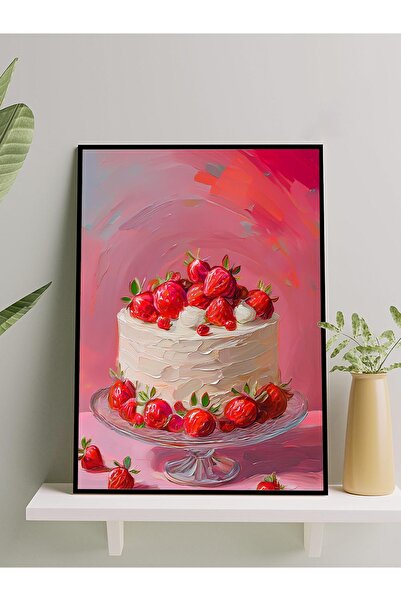 Postermanya Strawberry Cake, Çilekli Pasta İzlenimcilik Mutfak Çerçeveli Tabl...