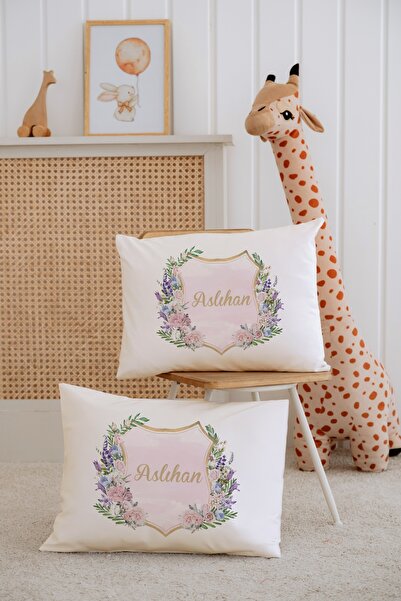 Lilabio %100 Pamuk İsme Özel 2li Ekru Bebek Yastık Kılıfı 35x45 cm-Çiçek Çemberi