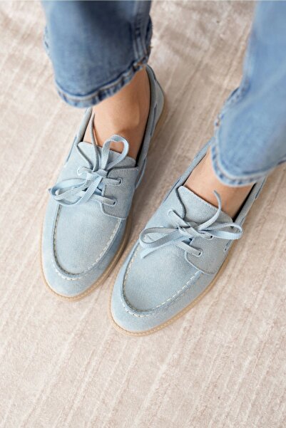 CAMOLLA Blue Suede Women's Flat Lace-Up Loafer Shoes