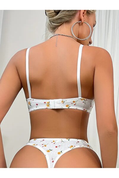 dem merys Miniş Yellow Flower Patterned Underwire Cotton Combed Bra Set (Bra Kilot)