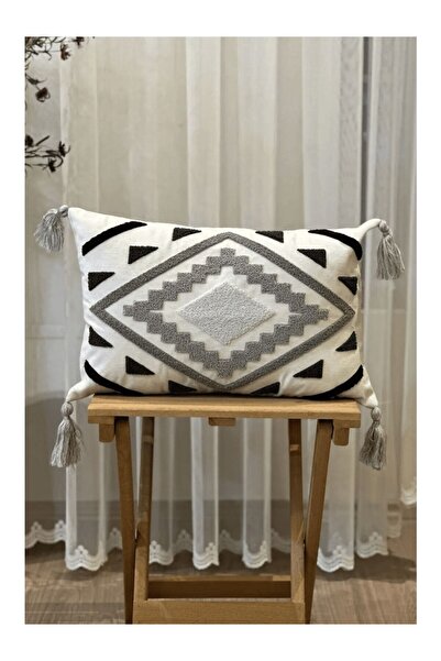 STAR CİTY Etnik Desenli Dekoratif Yastık – Gri Tonlarda, Püsküllü Köşe Detaylı
