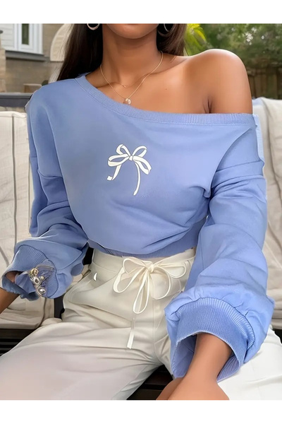 npLStore Women's Bow Printed Boat Neck Sweatshirt
