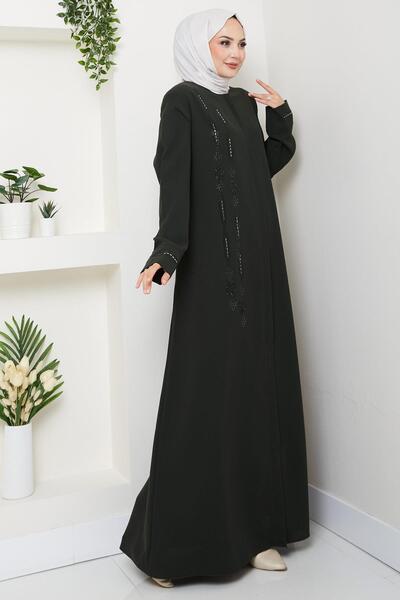 hafsamina Μεγάλο μέγεθος Ferace Khaki HM2800 με πέτρες στο μπροστινό μέρος