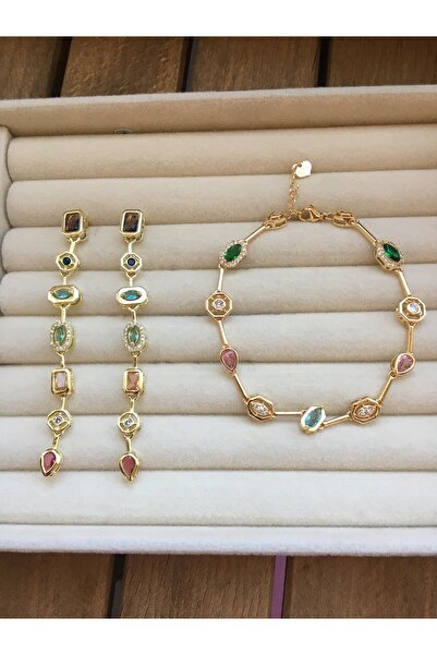GUNESTAKI Gold Renkli Taşlı Element Model Bileklik Küpe 2li Set
