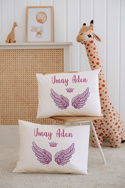 Lilabio %100 Pamuk İsme Özel 2li Ekru Bebek Yastık Kılıfı 35x45 cm-Pembe Kanat