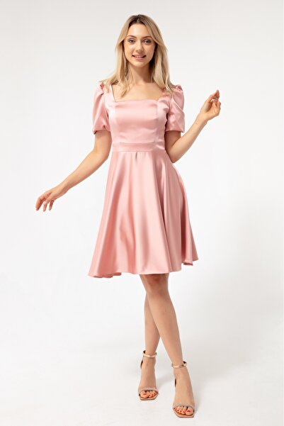 meksila kadın kare yakalı kısa kollu mini boy kloş etekli düğün davet nişan a...