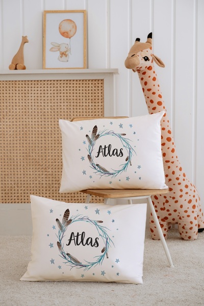 Lilabio %100 Pamuk İsme Özel 2li Ekru Bebek Yastık Kılıfı 35x45 cm-Tüy Çemberi