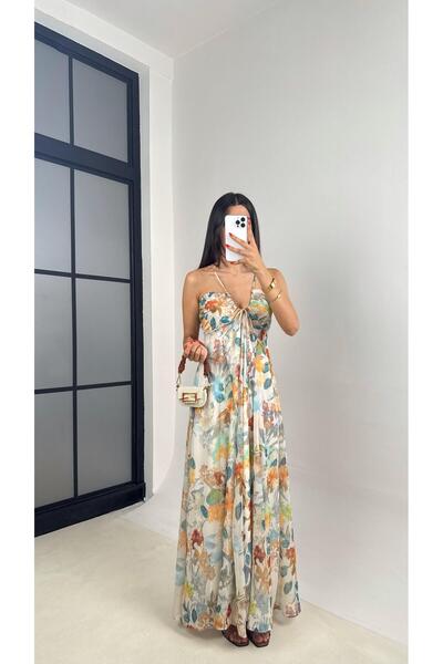 Gaus Orange Floral Print Adjustable Strap Lined Chiffon Dress Gaus-0026