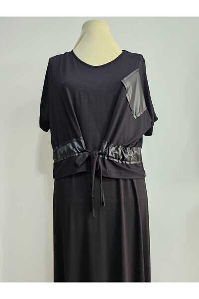 KİMKİ Black Dress with Leather Detail Crops