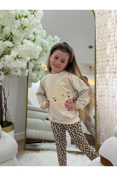 GÖKJOY BUTİK Premium Quality Leopard Printed Leggings and Sweat Girl's Set with Embroidery Details