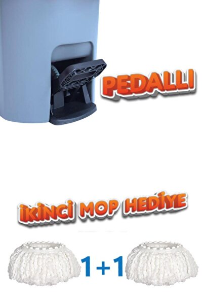 Flora Twin Turbo Pedallı Çelik Mop Set, Temiz ve Kirli Suyu Ayıran Otomatik Temizlik Seti (1+1 Mop) Mavi