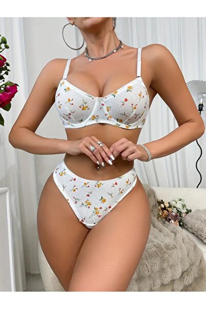 dem merys Miniş Yellow Flower Patterned Underwire Cotton Combed Bra Set (Bra Kilot)