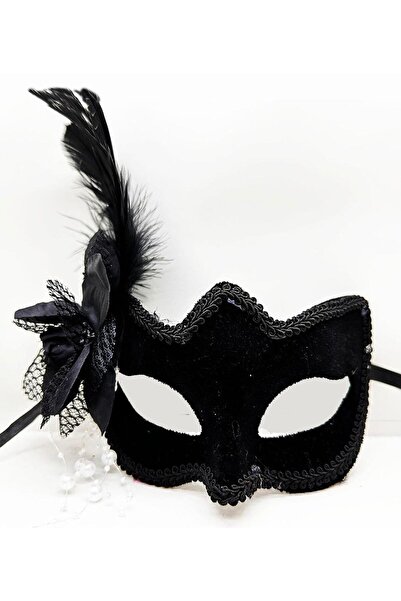 İstangül Butik قناع حفلة من جلد الغزال الأسود مع ريش جانبي لؤلؤي