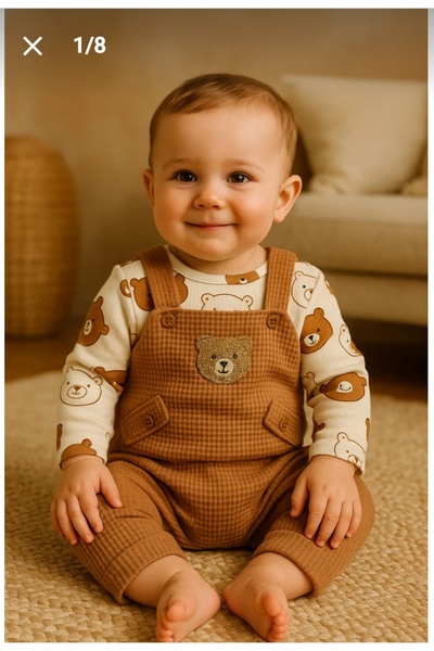 Uğur bebe Bear patterned baby boy overalls 3-piece overalls set (bodysuit overalls socks) 3-6-9 month baby outfit brown