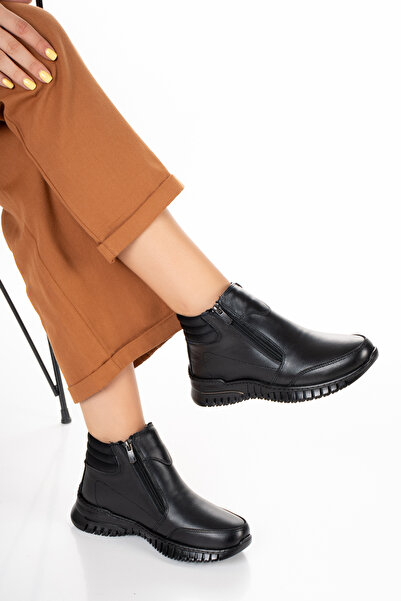 REALMİNE 1456 - Hakiki Deri - Tam Ortopedik - Çift Fermuarlı - Günlük Kadın Bot