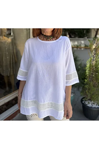 DenizEge Guipure Detailed Cotton Blouse White