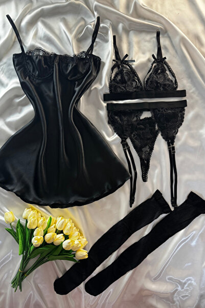 Madame Mercy İpeksi Saten Gecelik İç Giyim 6 Parça Set