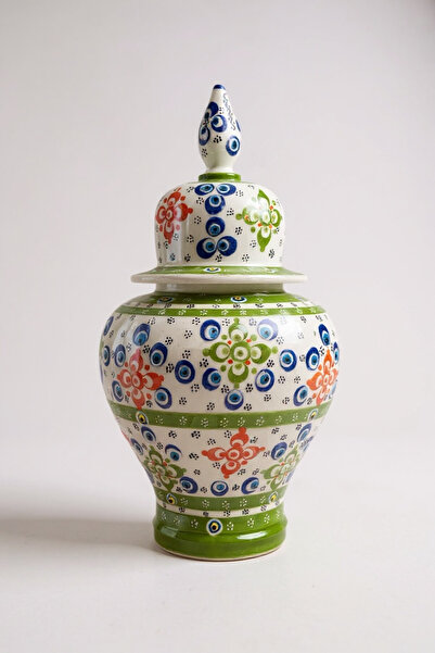 STORESZA El Yapımı 25Cm Kütahya Çini Şah Küp Vazo – Renkli Çiçek Motifli & Ye...