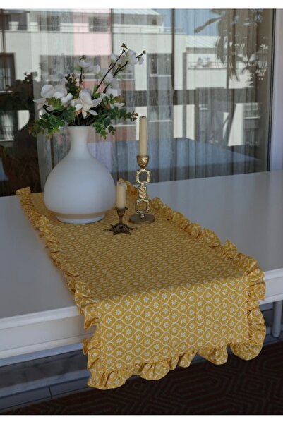 vintagetasarım Runner Floral Daisy Pattern Ruffled Vintage Duck Linen 40X130Cm