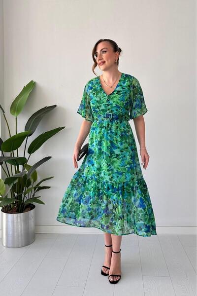 MaziButik Floral Belted Chiffon Dress Green
