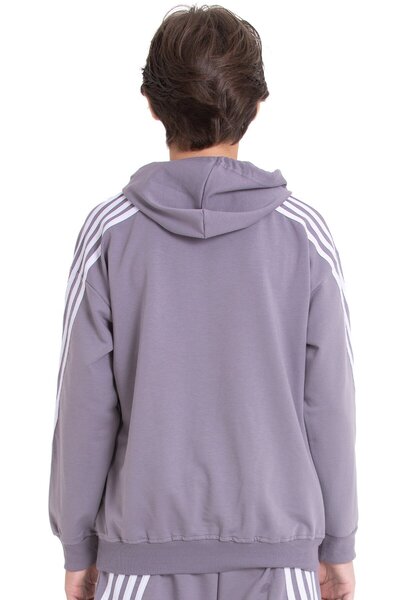 Cansın Mini Gray Boy's Hooded Sweatshirt with Stripe Detail on the Sleeves and Kangaroo Pocket 21497