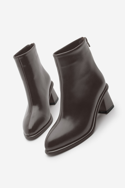 Marjin Women's Pointed Toe Back Zipper Stitching Detailed Thick Heeled Boots Atirya Brown
