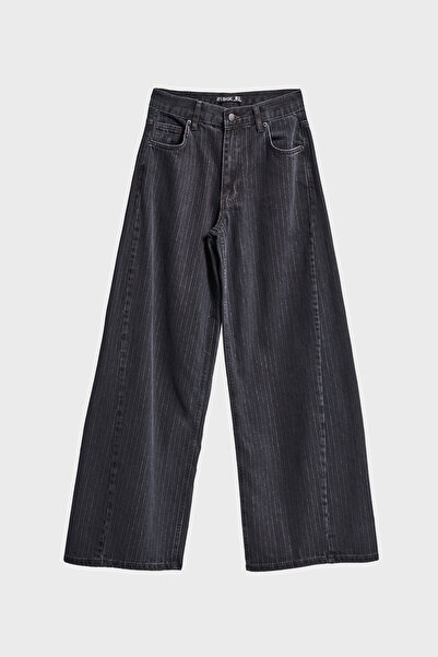 its basic Women's Smoked Striped Color 1W5-1 Super Palazzo Fit Flexible Special Fabric Inner Length 80cm Denim Jean